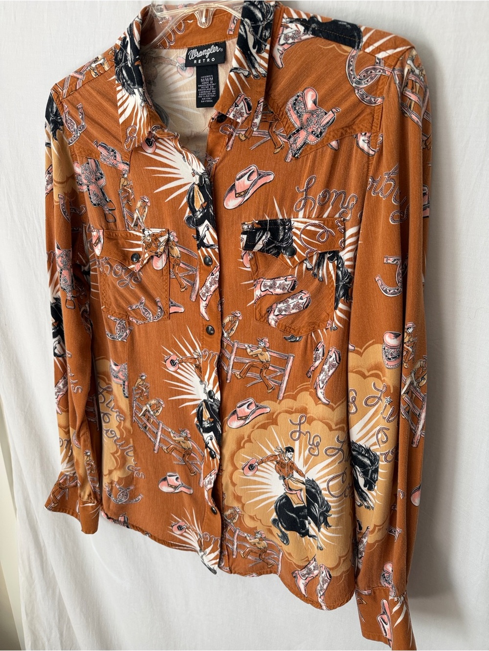Wrangler Retro Cowboy Western Print Rayon Shirt Rust Size M